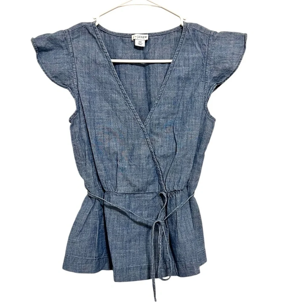 2/$30 J. Crew - Chambray Flutter Sleeve Faux Wrap Tie Waist Blouse Blue Size 00